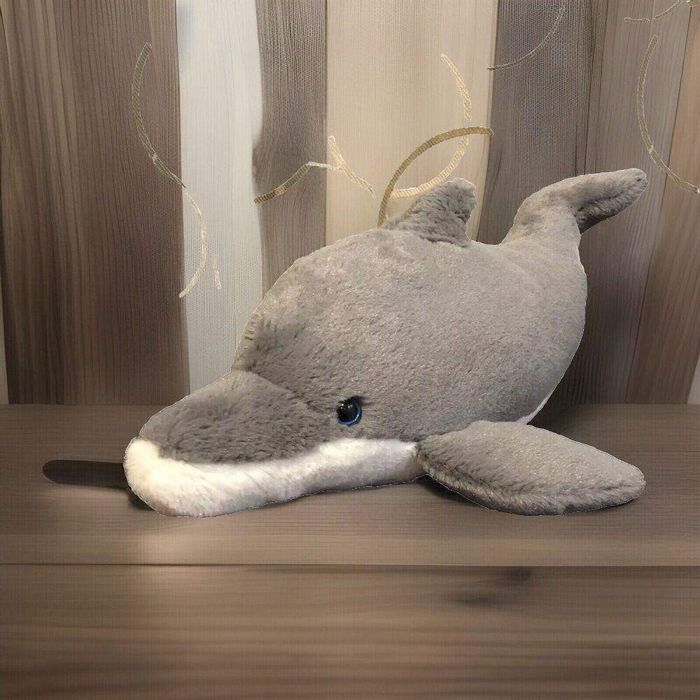 SeaWorld Dolphin Plush Stuffed Animal Toy Gray Blue Eyes 14" Collectible
